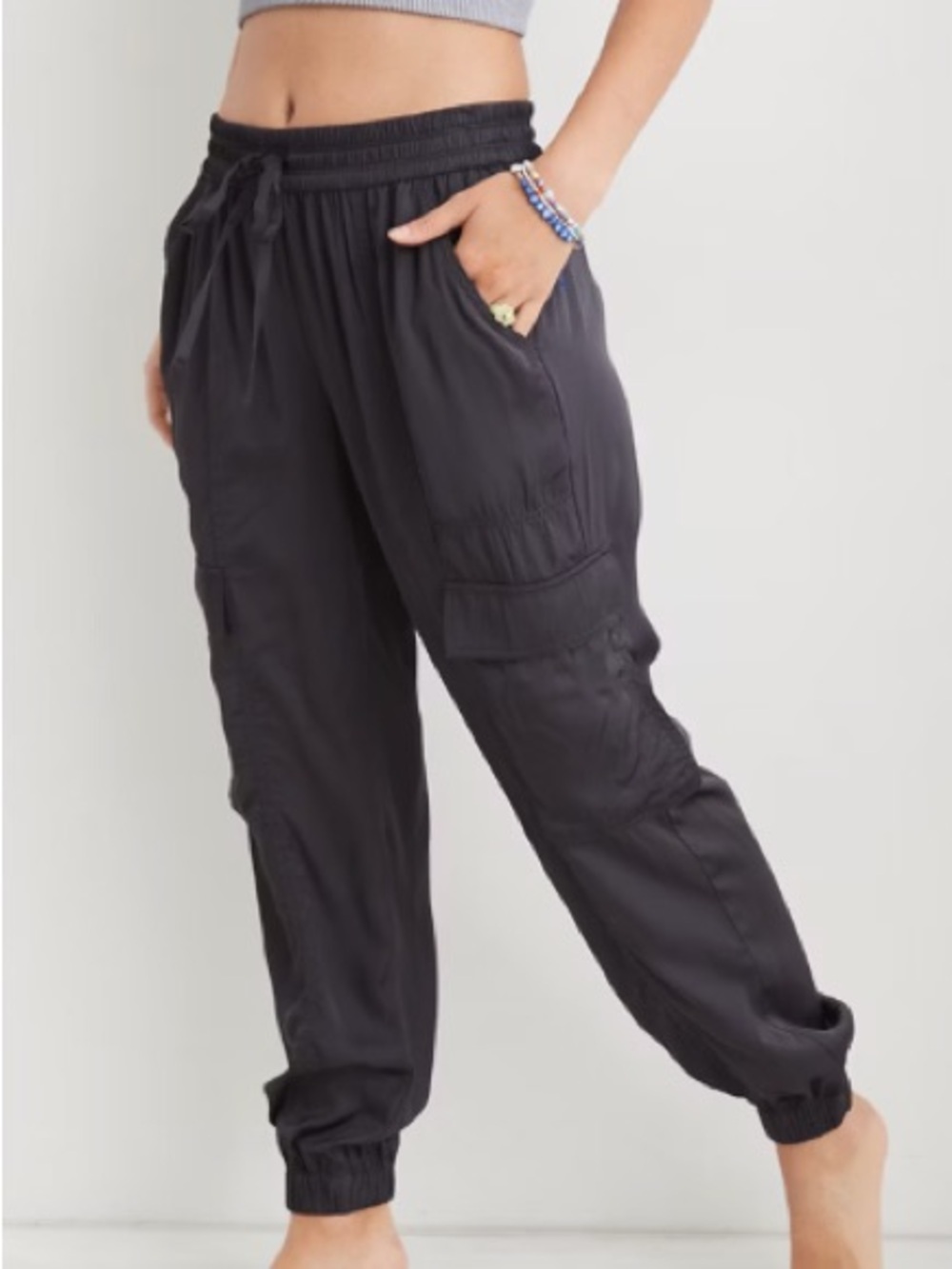 Aerie Satin Cargo Jogger Grey